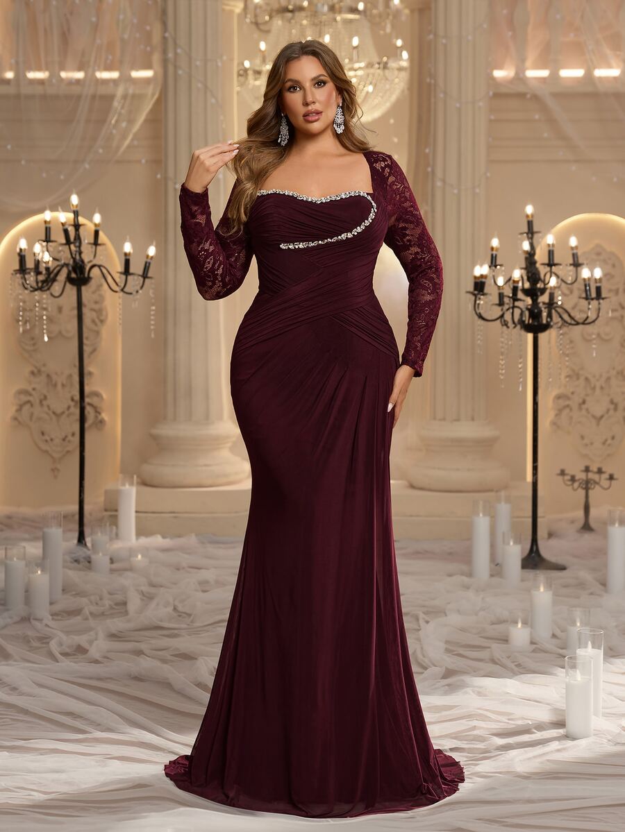 Glamrae Plus Size Elegant Burgundy Minimalist Sophisticated High Elastic Mesh Lace Sequin Embroidered Sheer Long Sleeve Sequins & Diamond Decor Waist-Flattering Ruched A-Line Mermaid Hem Evening Gown For Date, Single Party, Wedding, Event, Heavy Work Formal Dinner - Burgundy - View 1
