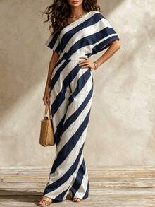 Glimmora Women's Striped Asymmetrical Shoulder Batwing Sleeve Top And Wide Leg Pants Casual 2 Pieces Set - Multicolor - View 3