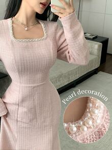 Modelyn Elegant Square Neck Pearl Embellished Long Sleeve Fitted Mermaid Dress - Pink - View 10