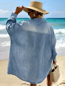 Vaclyn 2026 女款性感刺繡鏤空寬鬆海灘度假外套 - 藍色 - 查看 6