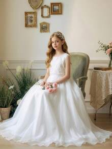 Ethereal Tween Girl Long Tail Dress With Exquisite Floral Applique, Sequins And Lace Bodice, Delicate Craftsmanship, Sleeveless Design, Waist-Flattering Snug Fit Fit, Back Tie Closure With 3D Bow, Extended Tulle Train, Pure White, Versatile For Weddings, Flower Girl, Piano Recital, Hosting, Runway, Birthday Party, Evening Gala, Elegant And Graceful - White - View 2