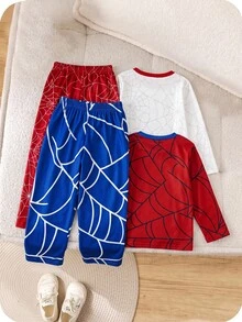 SHEIN Kids Young Boy Simple Solid Color Crew Neck Long Sleeve T-Shirt + Woven Plaid Pattern Loose Casual Pants 4-Piece Pajama Set, Soft Comfortable Casual Home Sleepwear Set 2 Pieces, Suitable For All Seasons - Multicolor - View 3