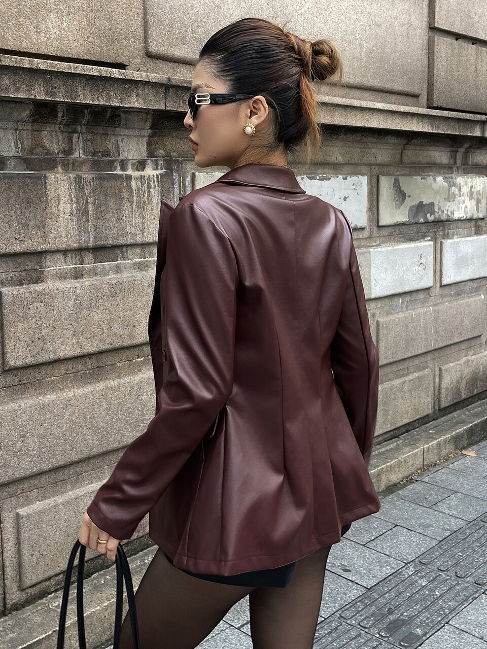Women's Solid Color Lapel Neck Double-Breasted PU Leather Regular Jacket Night Out Office Dark Red Autumn Elegant