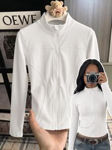 SHEIN Tween Girls Knit Black Stand Collar Long Sleeve Open Front Autumn Jacket - White - View 3