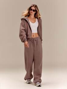 GLOWMODE Everyday Fleece Chilly Days Relaxed Hoodie Jacket With Ribbed Cuffs & Hem Waist-Length Daily Casual Fall Winter Wear - Mocha Brown - View 6