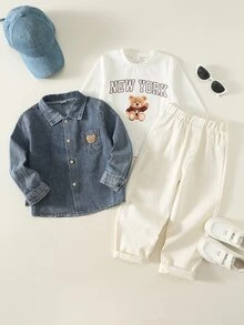 SHEIN 3件組男孩秋冬休閒熊圖案牛仔外套、白色長袖T恤、米色休閒長褲套裝，男孩外套套裝，襯衫套裝，熊圖案套裝 - 彩色 - 查看 3