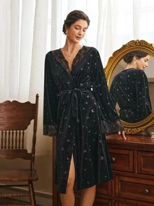 Côtesoire Women's French Elegant Butterfly Velvet & Lace Patchwork Long Robe - Black - View 3