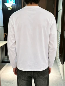 DAZY 春秋款長袖圓領白色T恤，胸前口袋與鉚釘裝飾，寬鬆版型，韓系風格，純色 - 白色 - 查看 2