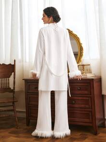 Côtesoire Women's Patchwork Fuzzy Camisole And Long Pants Pajama Set - White - View 2