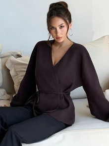 Aloruh Women's Solid Color Dropped Shoulder Long Sleeve Casual Knit Cardigan,New Fall Styles - Brown - View 7