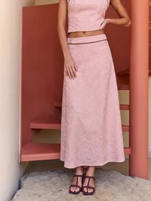 Nöista 女款甜美鏤空時尚上衣與提花長裙套裝 - 粉色 - 查看 6