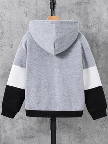 SHEIN 兒童青少年男孩休閒學院風三色拼接字母織標連帽拉鍊外套，舒適針織面料，適合學校、花園、海灘、生日，秋冬春夏四季，黑色、棕色 - 灰色 - 查看 3