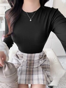 FRIFUL Women's Elegant Casual Ribbed Black Lantern Sleeve Patchwork T-Shirt Office Autumn - Black - View 1