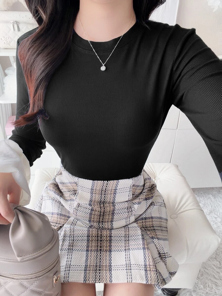 FRIFUL Women's Elegant Casual Ribbed Black Lantern Sleeve Patchwork T-Shirt Office Autumn - Black - View 1