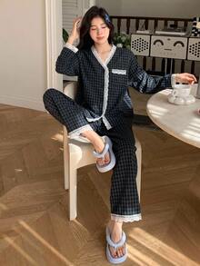 DAZY 2pcs Plaid Embroidered Pattern Pajama Set Fall - Navy Blue - View 6