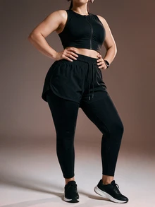 Powerista Women's Black 2 In 1 Plus Size Sports Leggings - Black - View 1