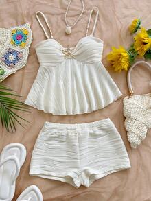 Soleia Plus Size Women Solid Color Ruched Camisole Top And Shorts Casual Daily 2 Pieces Set - White - View 6