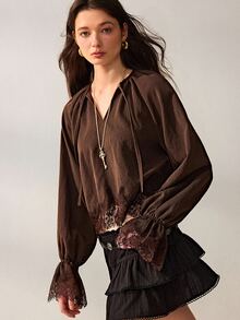 Willow Rêve Women's Brown Fitted Short Chiffon Blouse, Lace Trim With Tie V-Neck Raglan Sleeves, Solid Color Vintage Romantic Bohemian Style, Suitable For Autumn Vacation And Party Outfits - Brown - View 5