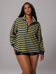 Rustia Plus Size Striped Stand Collar Zip-Up Sweatshirt, Sporty Casual Fall - Navy Blue - View 1