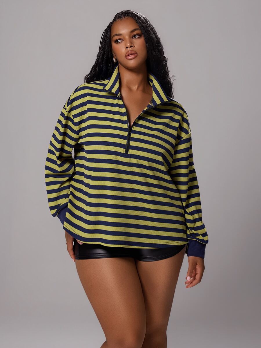 Rustia Plus Size Striped Stand Collar Zip-Up Sweatshirt, Sporty Casual Fall - Navy Blue - View 1