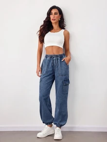 SHEIN Tall 女款腰部綁帶工裝口袋休閒錐腿牛仔褲秋季服飾 - 藍色 - 查看 5