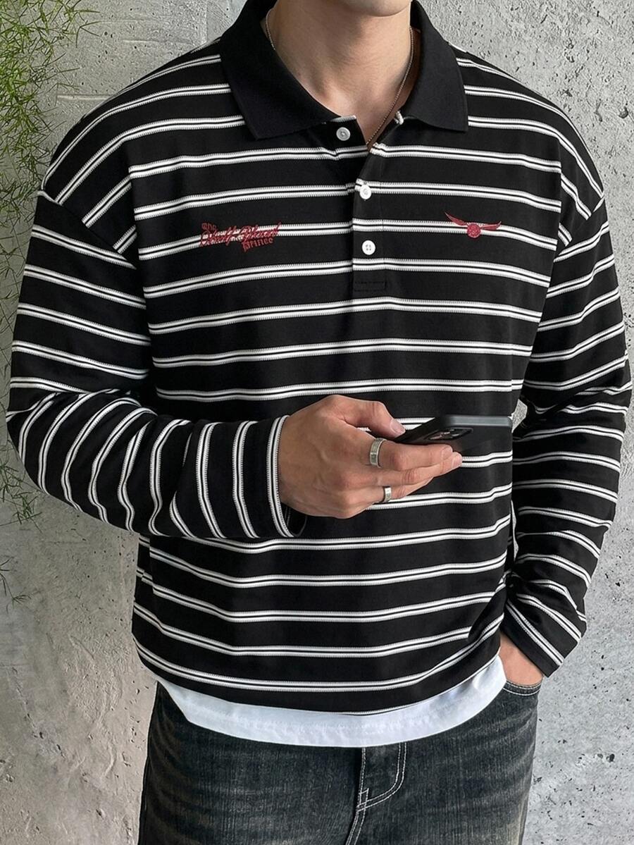 DAZY تي شيرت رجالي بياقة بولو مخططة باللونين الأسود والأبيض بأكمام طويلة للربيع/الخريف - الأسود - مشاهدة 1