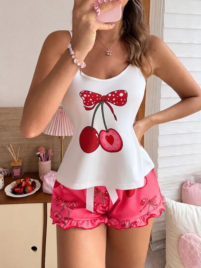 SweetSlumber طقم ملابس نوم نسائي حلو INS بتصميم كتل لونية وطبعة كرز مع حافة مكشكشة، كاميسول وبنطلون بيجامة
