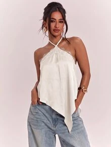 SHEIN BAE 春夏女款休閒度假掛脖蕾絲拼接露背不對稱下擺棕色純色緞面背心，適合海灘度假、海灘假期、姊妹休閒度假，優雅實用棕色緞面背心 - 杏色 - 查看 7