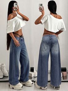 SHEIN Celana Jeans Denim Retro Model Lebar dengan Pinggang Tinggi, Desain Banyak Saku, Potongan Longgar, Cocok untuk Sehari-hari, Serbaguna, Panjang Hingga Lantai - Medium Wash - View 1