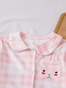 Baby Girl Pink Plaid Lapel Long Sleeve Loungewear Set, Cute Cartoon Expression Rabbit Print Long Sleeve Top And Pants 2-Piece Set - Pink - View 3
