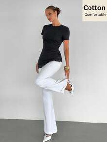 Siren Gaze Summer New Lace Patchwork Waist-Cinched Slimming Split Hem T-Shirt For Women - Black - View 5