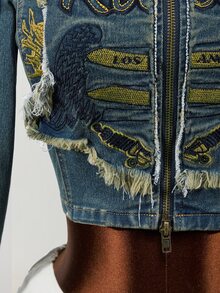 SHEIN Women's Letter Pattern Patchwork Casual Daily Denim Jacket - Blue - View 4