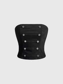 ROMWE Autumn Y2K Napoleon Double-Breasted Metal Button Decor Vintage Washed Back-Lace Denim Tube Top For Women, Suitable For Parties, Music Festivals, Valentine's Day And Daily Wear - Black - View 1