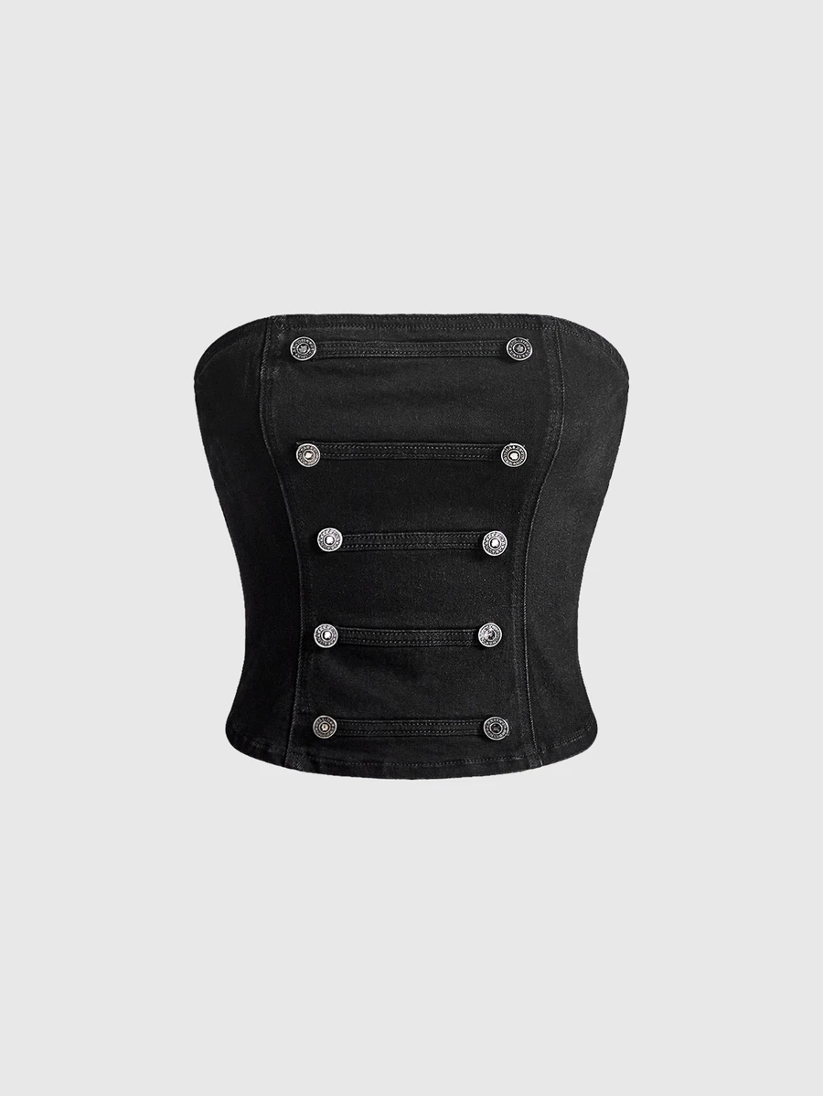 ROMWE Autumn Y2K Napoleon Double-Breasted Metal Button Decor Vintage Washed Back-Lace Denim Tube Top For Women, Suitable For Parties, Music Festivals, Valentine's Day And Daily Wear - Black - View 1