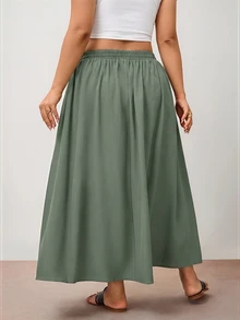 Enliva Plus Size Women's Army Green A-Line Skirt With Pocket Details, Elastic Waist, Suitable For Office Commute And Casual Outings Fall - Army Green - View 2