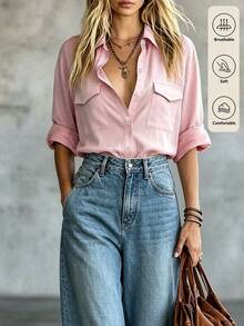 SHEIN Áo sơ mi utility nữ màu hồng nhạt trơn, cổ bẻ, tay dài, thiết kế hai túi ngực, dáng rộng vai trễ, cài nút đơn, đa năng cho đi làm và mặc thường ngày, áo cardigan tay dài dáng rộng - Hồng - Xem 4