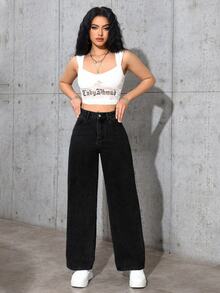 SHEIN PETITE 女款休閒日常牛仔褲，附口袋與鈕扣設計 - 黑色 - 查看 6