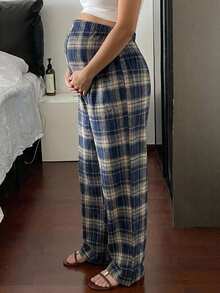 DAZY Plaid Loose Wide Leg Pants With Elastic Waist, Casual Daily Home Wear, Autumn/Winter Long Pants, Maternity Pants - Blue - View 4