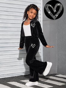 SHEIN 青少年女孩運動休閒街頭時尚天鵝絨愛心水鑽拉鍊連帽衛衣與直筒長褲2件套，黑色天鵝絨套裝，適合聖誕節、新年 - 黑色 - 查看 3