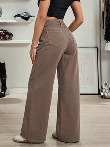 SHEIN Tall 女款休閒百搭不對稱腰寬腿牛仔褲 秋季 - 摩卡棕 - 查看 2