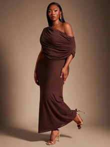 Radiana Plus Size Women's Spring/Summer Fashion Elegant Long Dress, Asymmetrical Drape One-Shoulder Design, Combining Goddess Style And Greek-Inspired Pleated Details - Brown - View 7