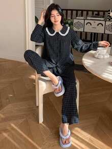 DAZY 2pcs Plaid Embroidered Pattern Pajama Set Fall - Navy Blue - View 6