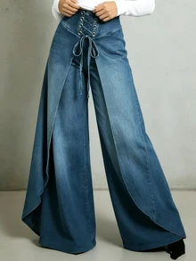 Trelyra Women's Fashion Cross Eyelet Lace-Up Printed Elastic Waist Long Pants - Blue - View 5