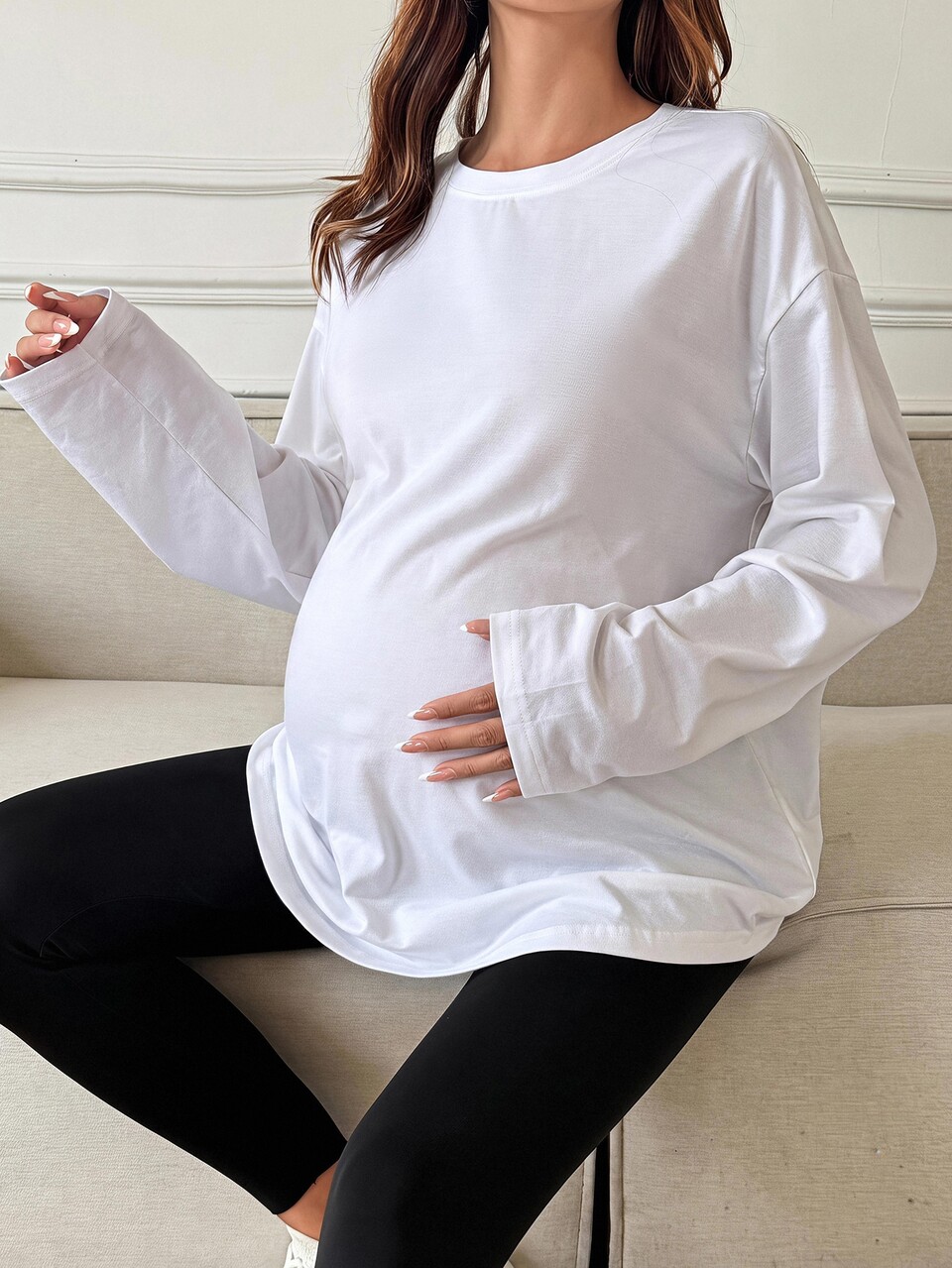 Solid Color Loose Long Sleeve Top Casual Daily Streetwear Vacation Spring Autumn Maternity T-Shirt