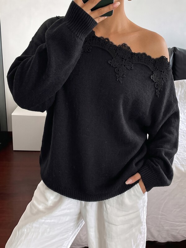 SHEIN PariChic French Casual Loose Asymmetrical Shoulder Long Sleeve Knit Collar Lace Patchwork Spring/Autumn Pullover Sweater