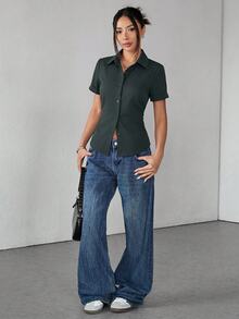SHEIN PETITE Women's Solid Color Casual Versatile Daily Wear Shirt - Dark Grey - View 3