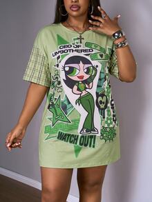 Slaydiva THE POWERPUFF GIRLS X SHEIN 大尺碼卡通印花洋裝，適合外出、街頭穿搭、Y2K風格 - 彩色 - 查看 4