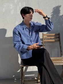 DAZY 男士長袖格紋布料聯名字母印花後背貼布襯衫 - 藍色 - 查看 5