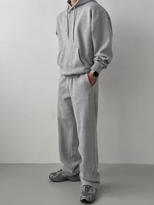 DAZY Men's Autumn/Winter Light Gray Floral Fleece Hoodie Sweatshirt And Straight Leg Sweatpants Set With Ribbed Hem And Cuffs, Elastic Waist - Grey - View 4