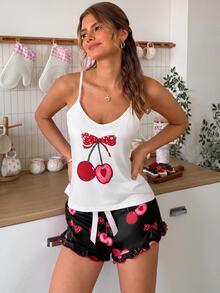 SweetSlumber Women's Sweet INS Colorblock Cherry Print Ruffle Trim Camisole And Pajama Pants Sleepwear Set - Multicolor - View 4
